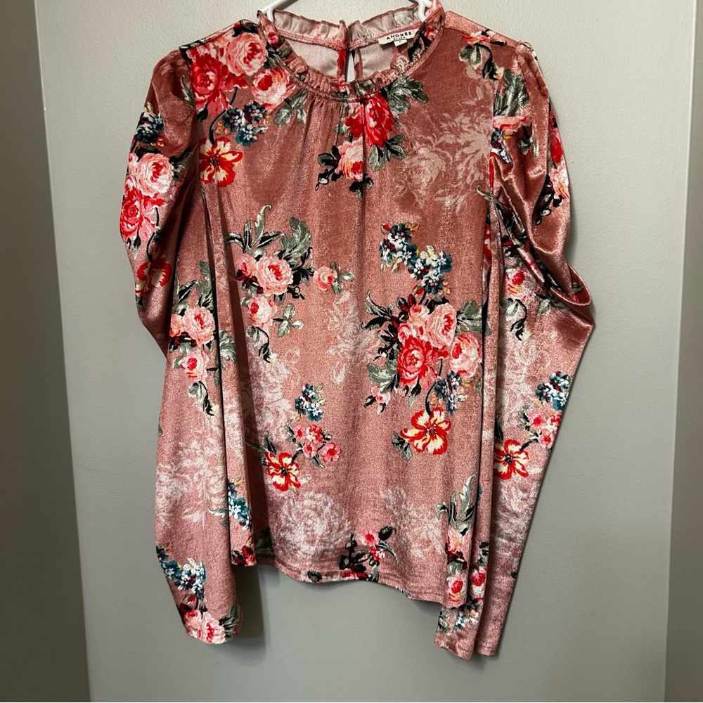 Andree Floral Velvet Blouse in Pink and Red